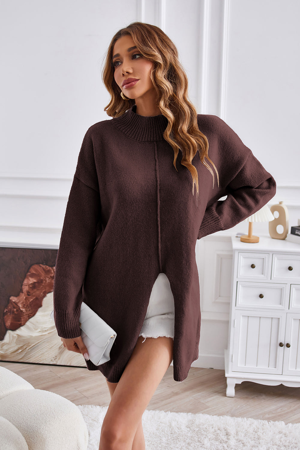 Mock Neck Slit Sweater