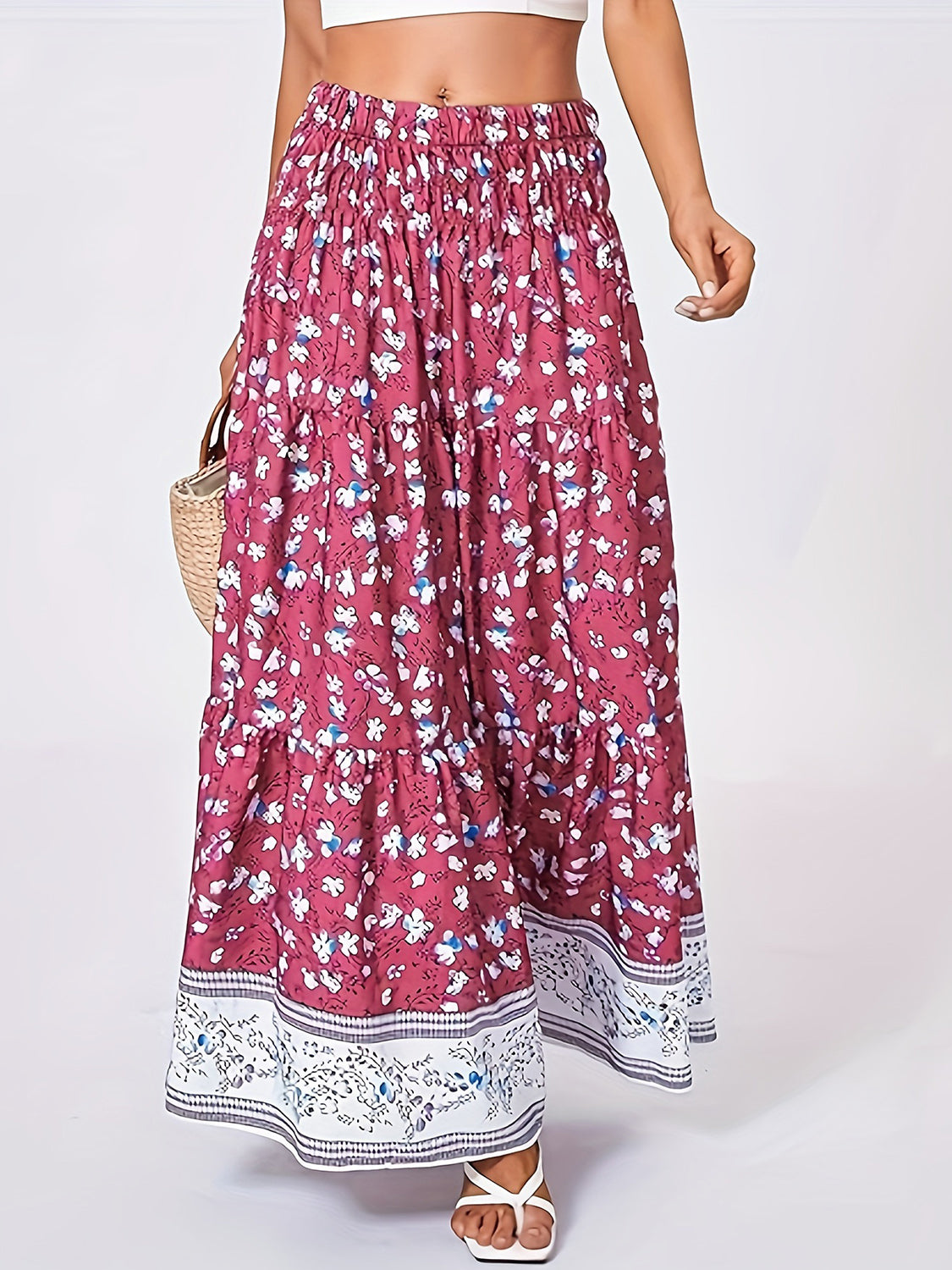 Full Size Tiered Printed Elastic Waist Skirt - Elegant Aura Boutique