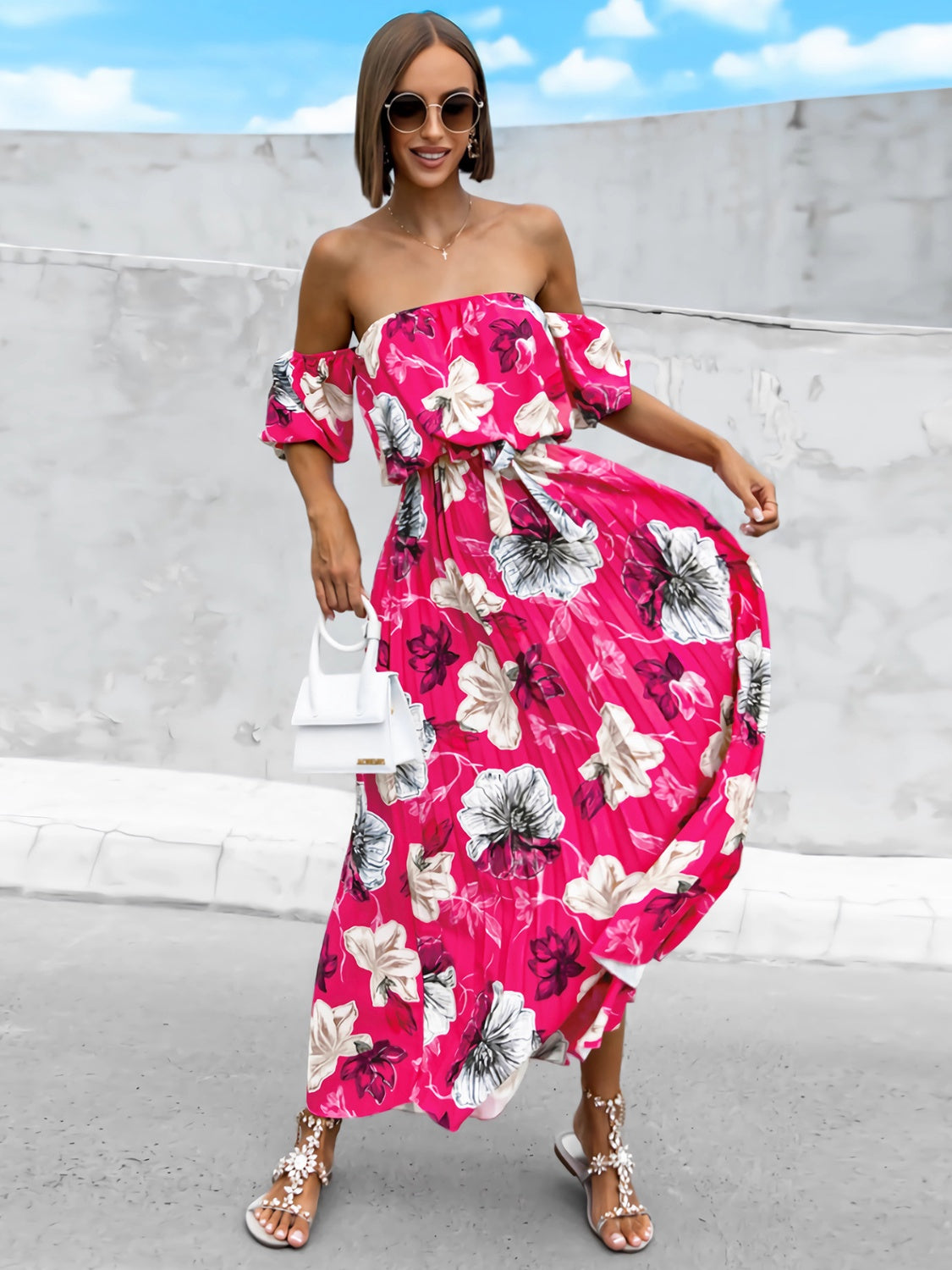 Pleated Floral Off-Shoulder Short Sleeve Midi Dress - Elegant Aura Boutique