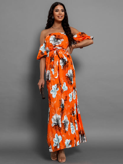 Pleated Floral Off-Shoulder Short Sleeve Midi Dress - Elegant Aura Boutique