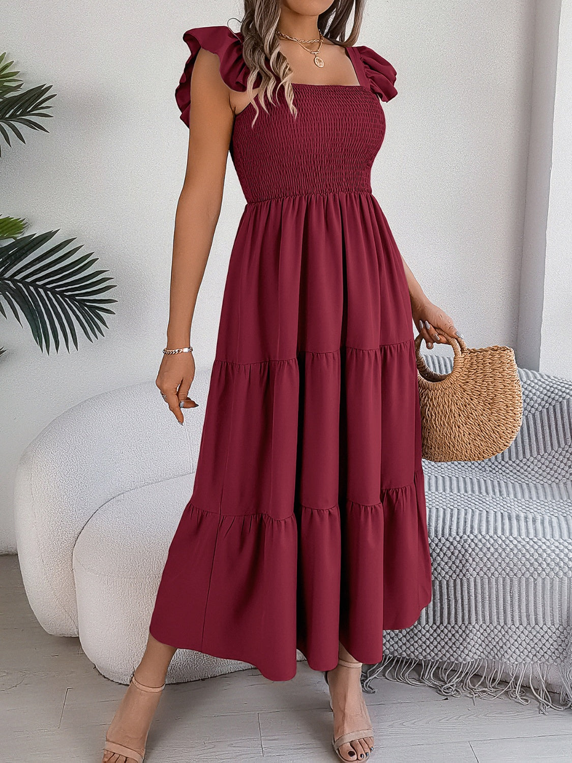 Smocked Square Neck Cap Sleeve Midi Dress - Elegant Aura Boutique