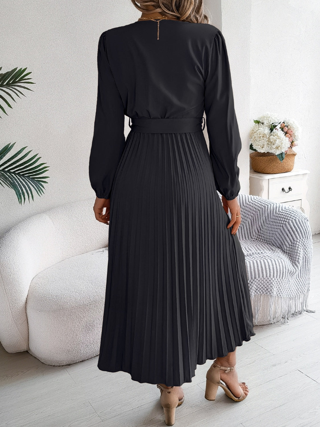 Pleated V-Neck Long Sleeve Dress