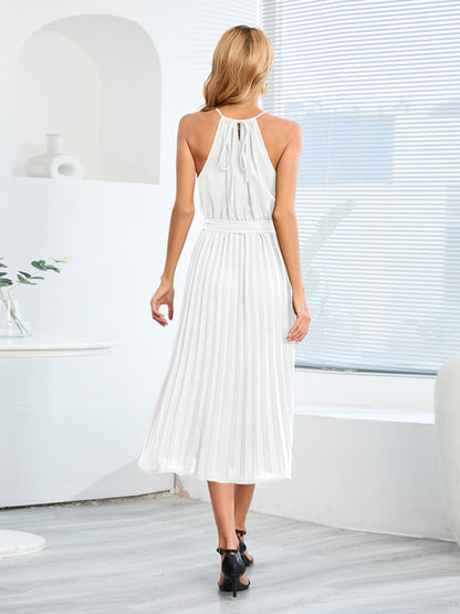 Pleated Tie Waist Midi Dress