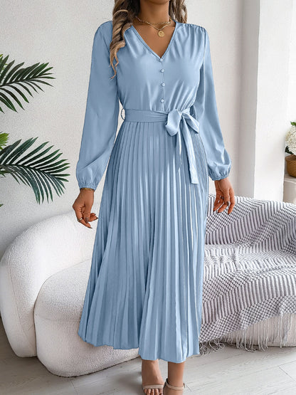 Pleated V-Neck Long Sleeve Dress