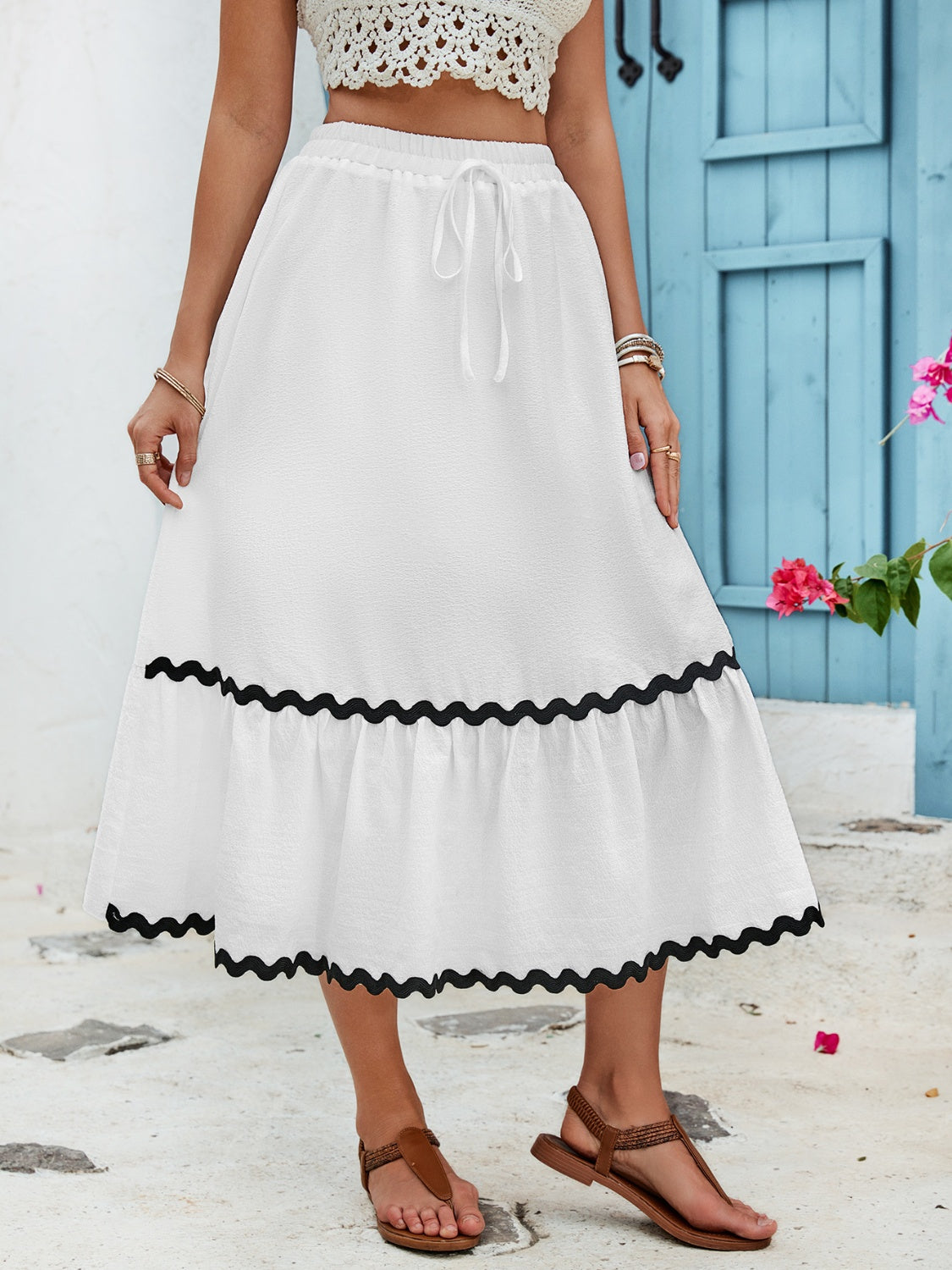 Tied Contrast Trim High Waist Skirt - Elegant Aura Boutique