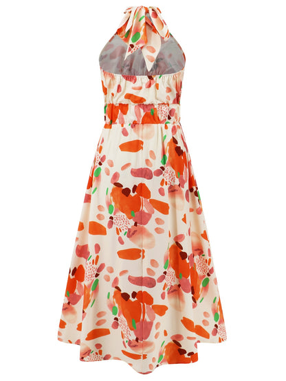 Ruched Printed Halter Neck Sleeveless Dress - Elegant Aura Boutique