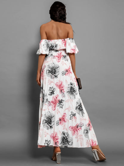 Pleated Floral Off-Shoulder Short Sleeve Midi Dress - Elegant Aura Boutique