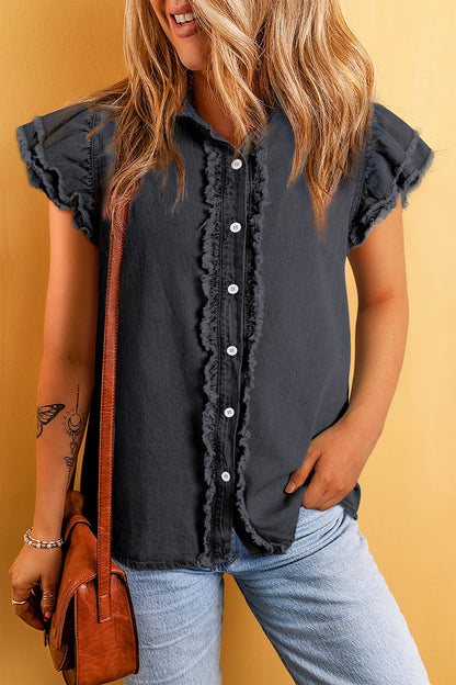 Raw Hem Button Up Denim Top