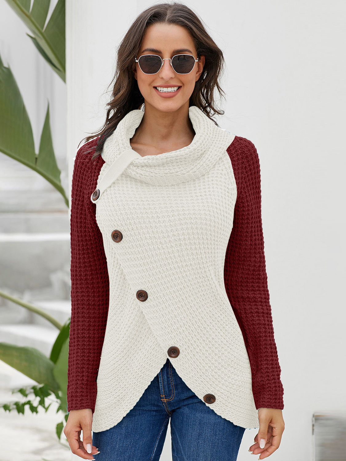 Contrast Button Turtleneck Sweater