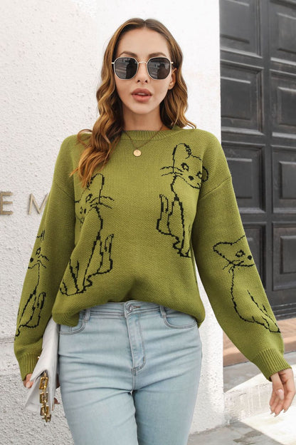 Cat Pattern Round Neck Sweater