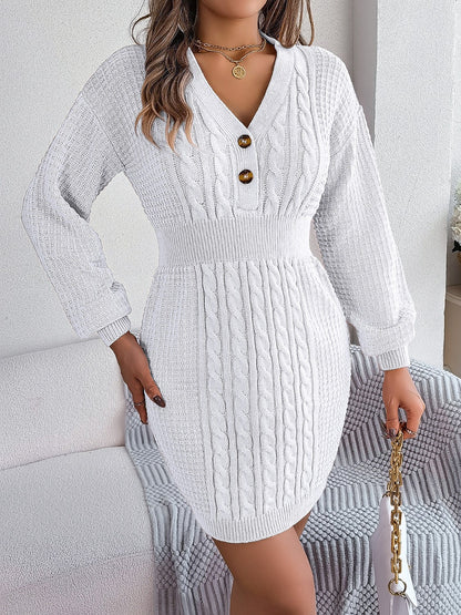 Buttoned Cable-Knit V-Neck Dress