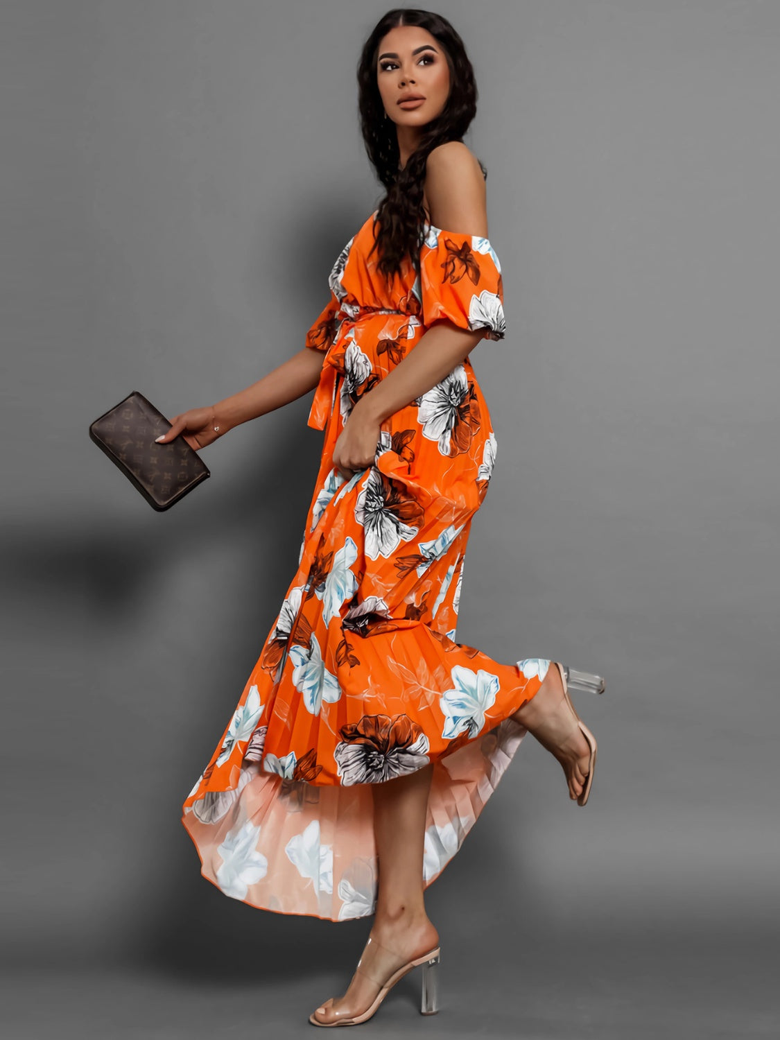 Pleated Floral Off-Shoulder Short Sleeve Midi Dress - Elegant Aura Boutique