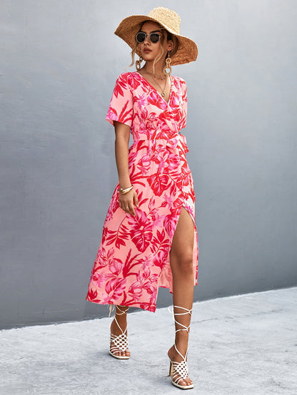 Floral Print High Slit Midi Dress