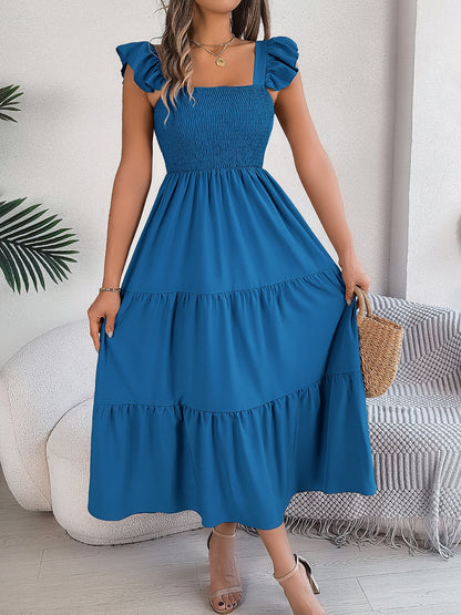 Smocked Square Neck Cap Sleeve Midi Dress - Elegant Aura Boutique