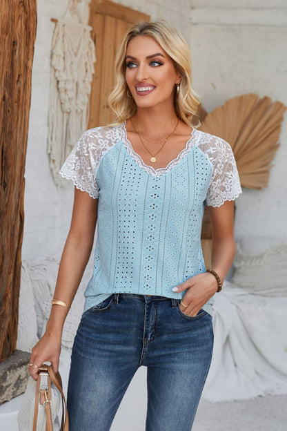 V-Neck Lace Short Sleeve T-Shirt