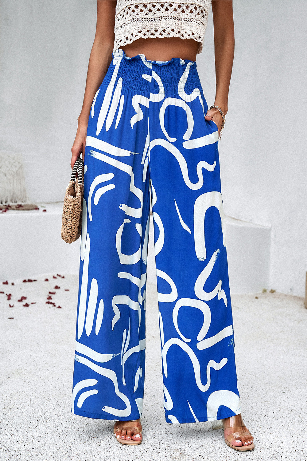 Asymetrical Printed Wide Leg Pants with Pockets - Elegant Aura Boutique