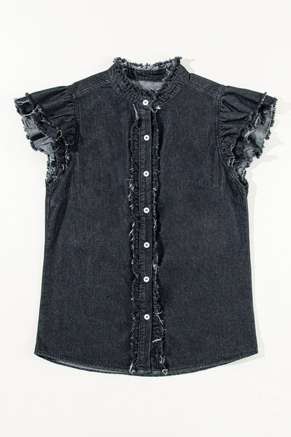 Raw Hem Button Up Denim Top